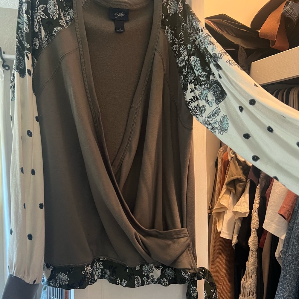 Daytrip green & white Wrap Blouse with Floral Sleeves